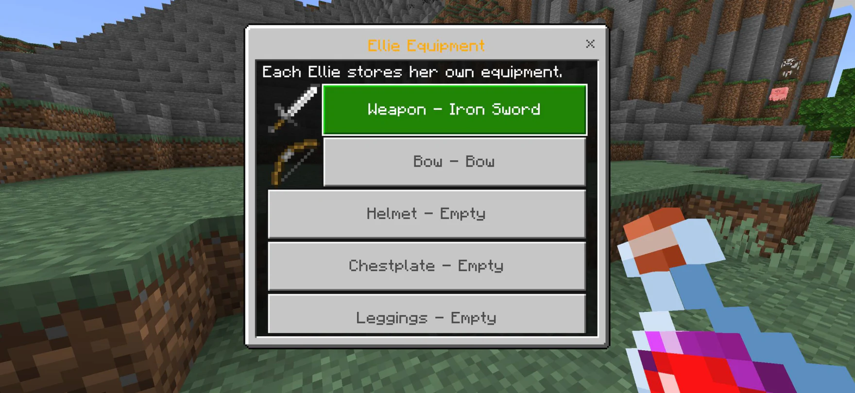 Ellie equipment menu with weapon bow and armor slots in Minecraft Bedrock