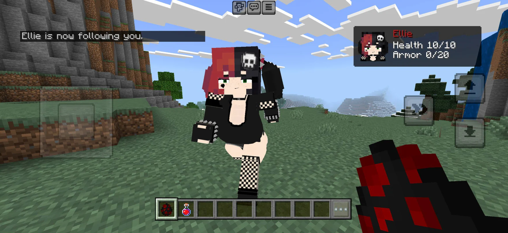 Ellie following the player with health and armor status in Jenny Mod v2.7.2 for Minecraft PE
