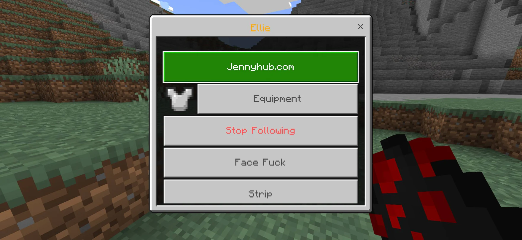 Ellie interaction menu with equipment and follow controls in Minecraft Bedrock