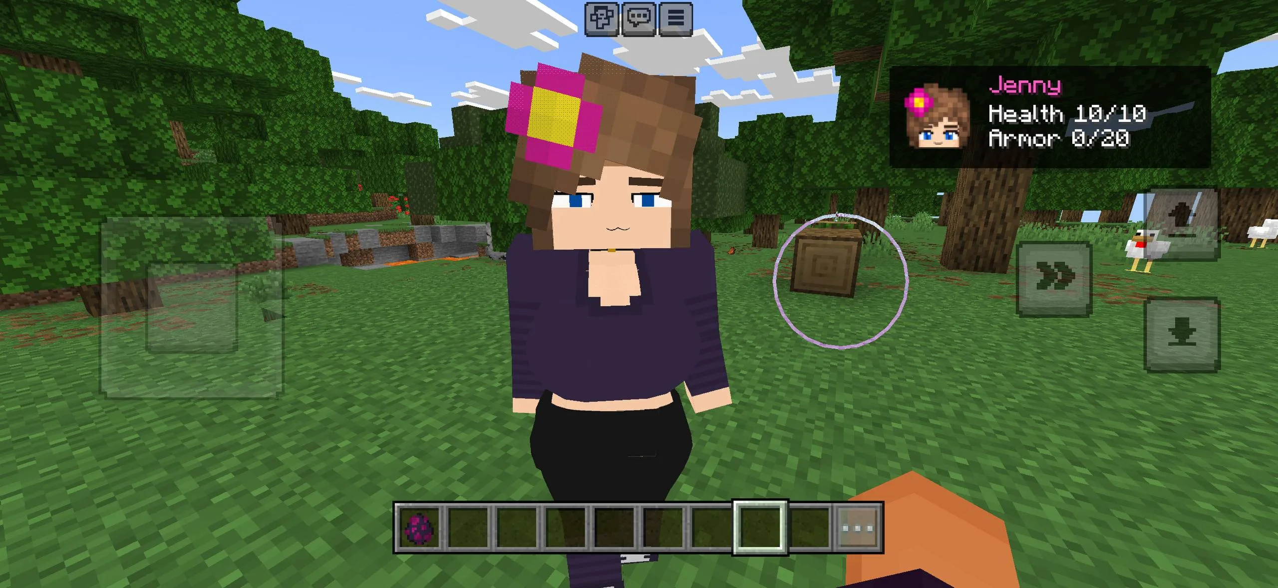 Jenny character with health and armor status in Jenny Mod v2.7.1 for Minecraft PE