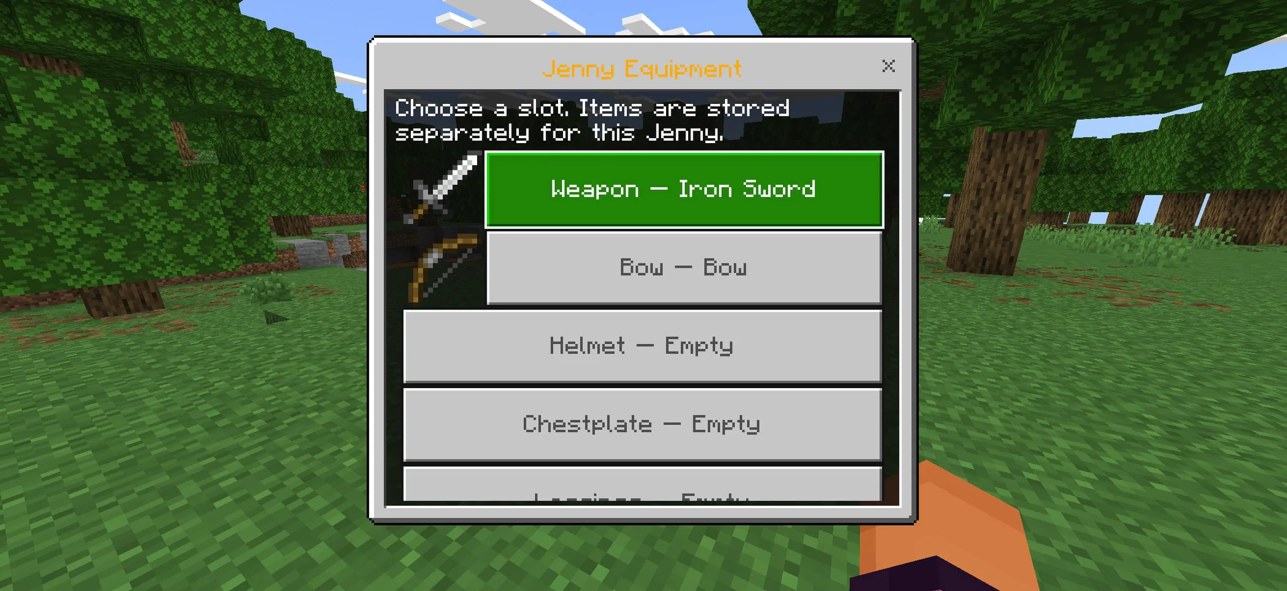 Jenny equipment window with weapon bow and armor slots in Minecraft Bedrock