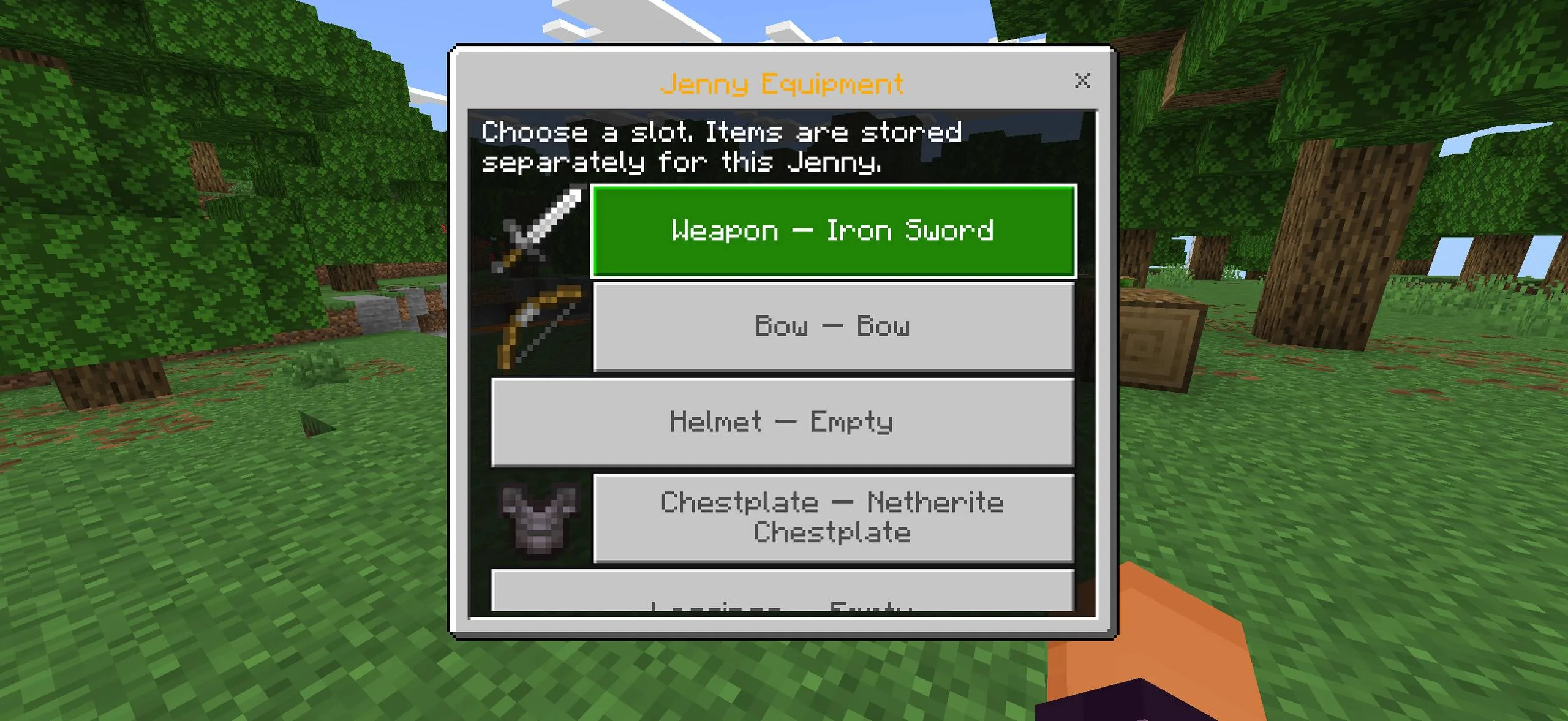 Jenny equipment status showing equipped Netherite armor